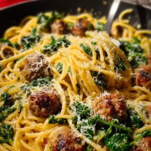 Cheesy Garlic Butter Spaghetti with Italian Sausage & Spinach