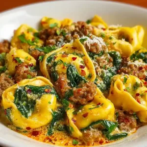 Garlic Butter Tortellini in Creamy Sauce with Beef, Italian Sausage & Spinach