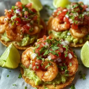 Fiery Bang Bang Shrimp Tostadas with Guacamole and Pico de Gallo