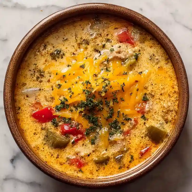 Creamy Stuffed Green Pepper Soup with Cheddar Cheese
