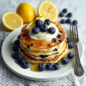 Fluffy Lemon Blueberry Pancakes with Fresh Lemon Zest and Berries