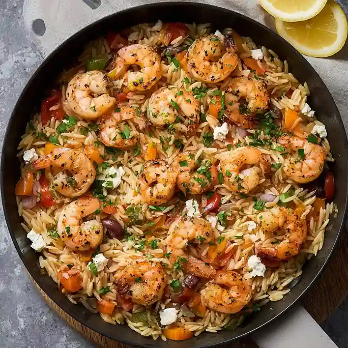 Mediterranean Shrimp Feta Orzo