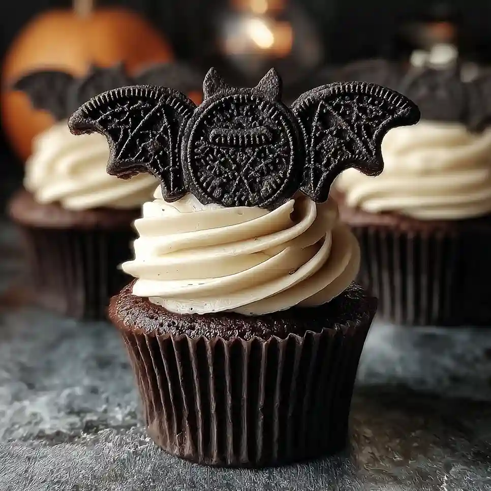 Vegan Oreo Bat Cupcakes with Cookies-and-Cream Frosting