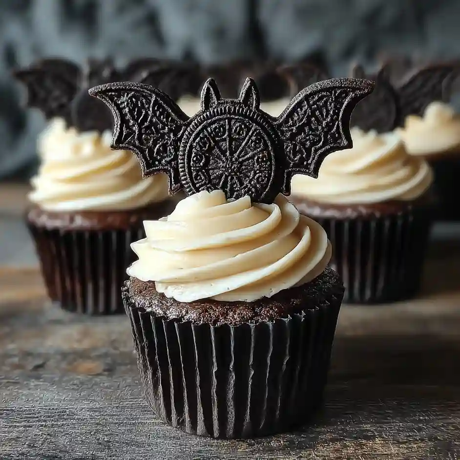 Vegan Oreo Bat Cupcakes with Cookies-and-Cream Frosting