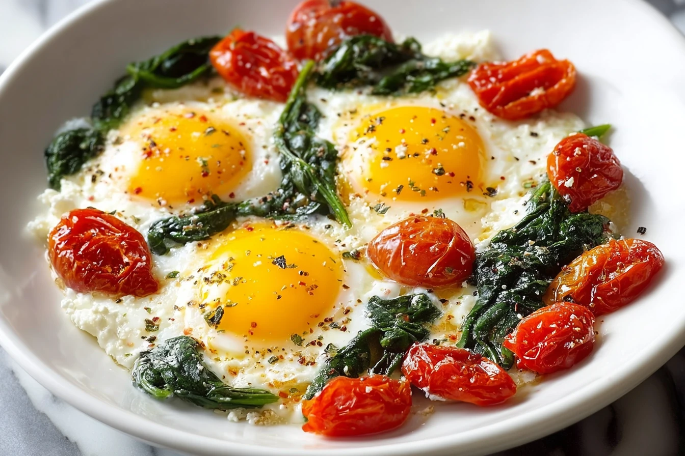 Delicious Baked Feta Eggs with Spinach & Tomatoes