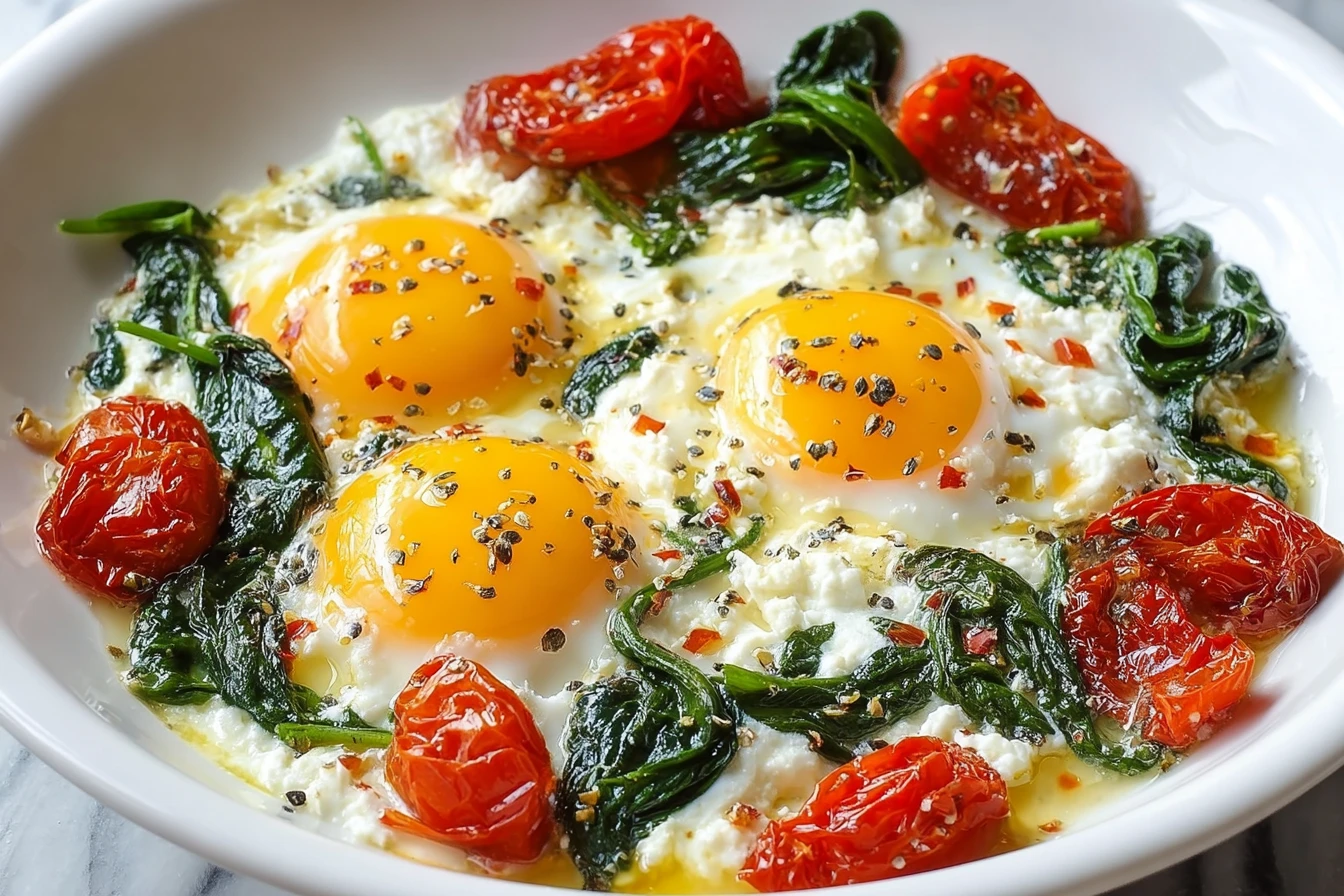 Easy Baked Feta Eggs Recipe Baked Feta Eggs With Spinach Tomato And Feta Egg Bake Healthy Feta Spinach Eggs Breakfast Glut...