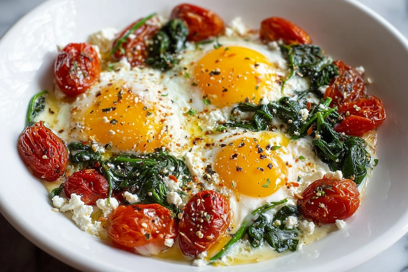 Easy Baked Feta Eggs Recipe Baked Feta Eggs With Spinach Tomato And Feta Egg Bake Healthy Feta Spinach Eggs Breakfast Glut...