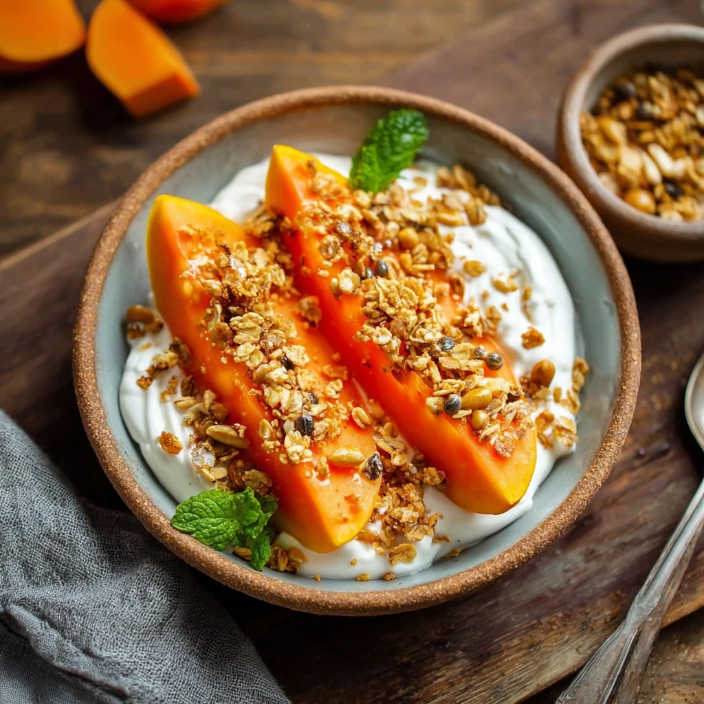 Papaya Boats Yogurt Granola Recipe Healthy Breakfast Papaya Boats Tropical Fruit Yogurt Boats Papaya Granola Yogurt Breakf...