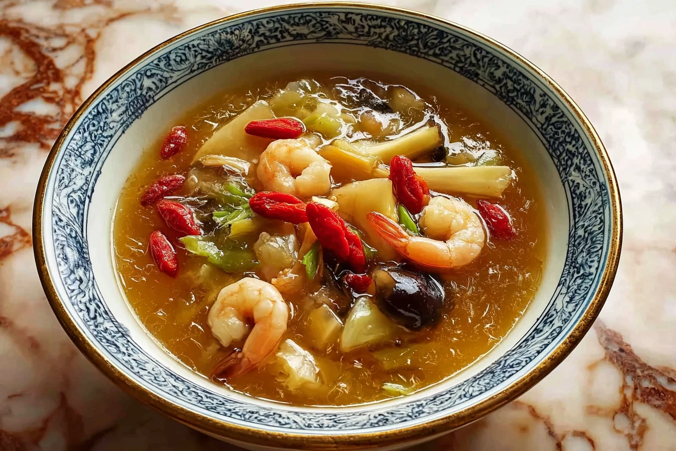 Rich Fish Maw Soup Recipe Fish Maw Soup Benefits How To Cook Fish Maw Soup Bamboo Shoots And Goji In Soup Traditional Chin...
