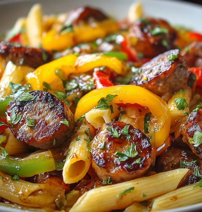 Spicy Honey BBQ Sausage Pasta Recipe One-skillet Sausage Pasta Dinner Quick Honey BBQ Sausage Skillet Meal Spicy BBQ Sausa...