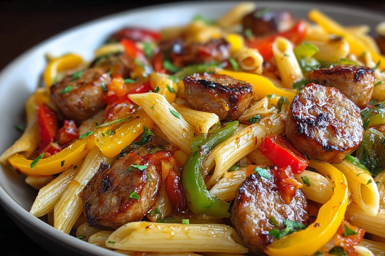 Spicy Honey BBQ Sausage Pasta Recipe One-skillet Sausage Pasta Dinner Quick Honey BBQ Sausage Skillet Meal Spicy BBQ Sausa...