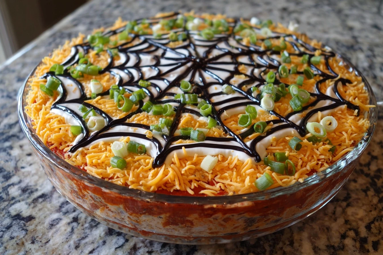 Spider Web Taco Dip Recipe Halloween Spider Web Taco Dip Easy Spider Web Taco Dip Best Cheese For Spider Web Taco Dip Spid...