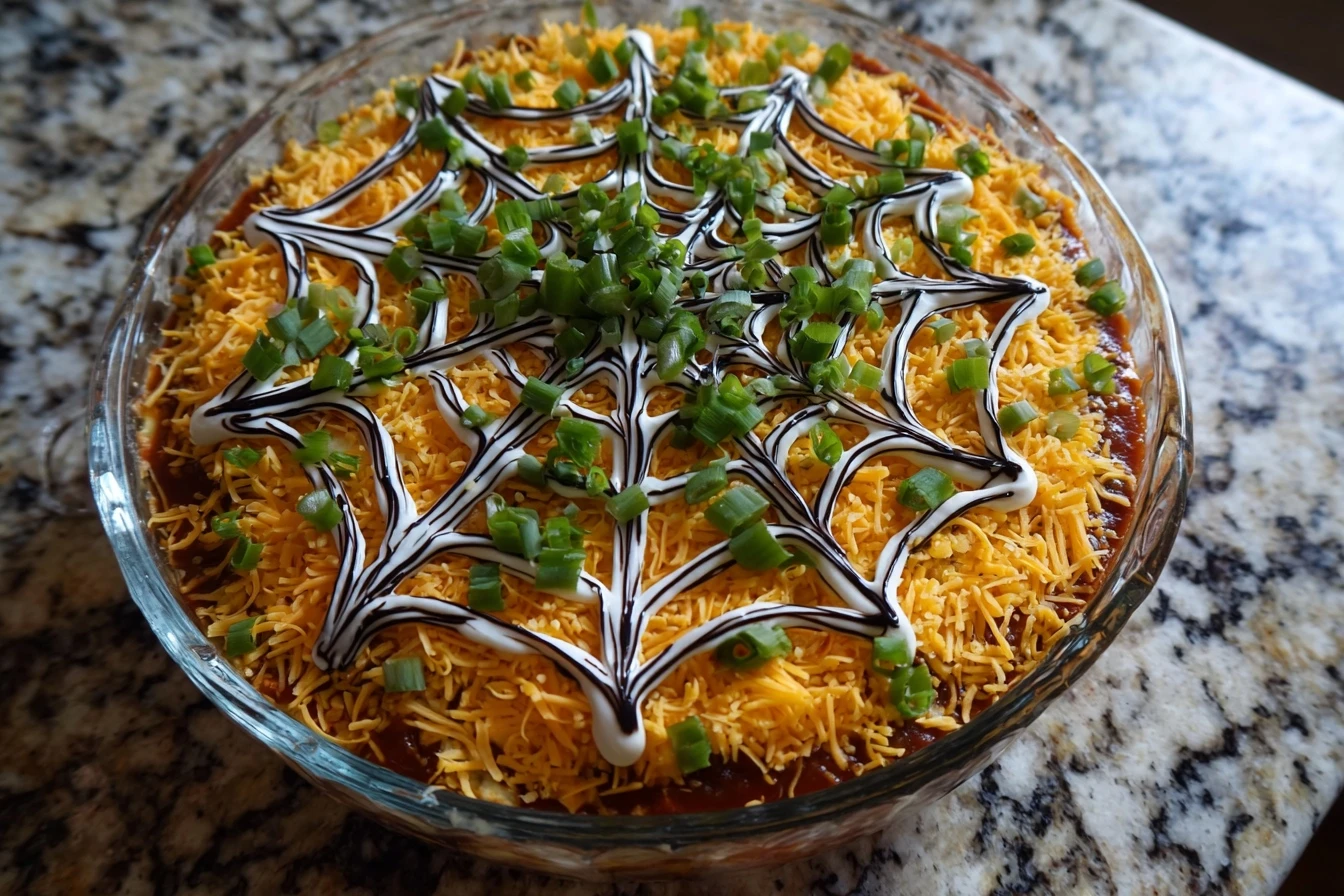 Spider Web Taco Dip Recipe Halloween Spider Web Taco Dip Easy Spider Web Taco Dip Best Cheese For Spider Web Taco Dip Spid...