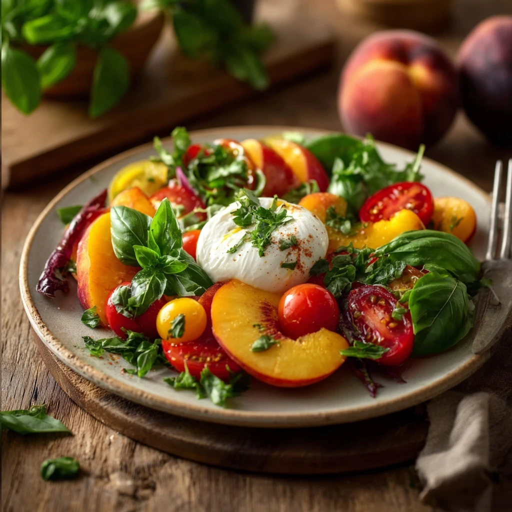 Tomato, Peach, and Burrata Salad