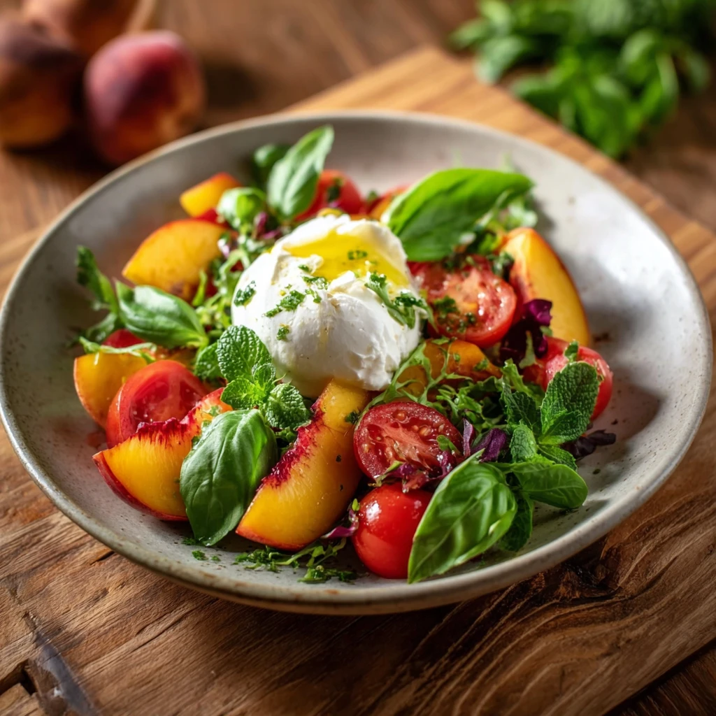 Tomato Peach Burrata Salad Recipe Best Tomato Peach Burrata Salad Tomato Peach Salad With Burrata Cheese How To Make Tomat...