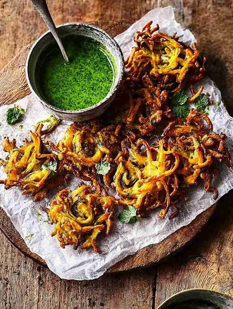 Crispy Spring Onion Bhajis with Mint and Coriander Chutney Magic