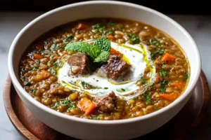 Greek Lamb and Lentil Soup with Minted Yogurt Swirl