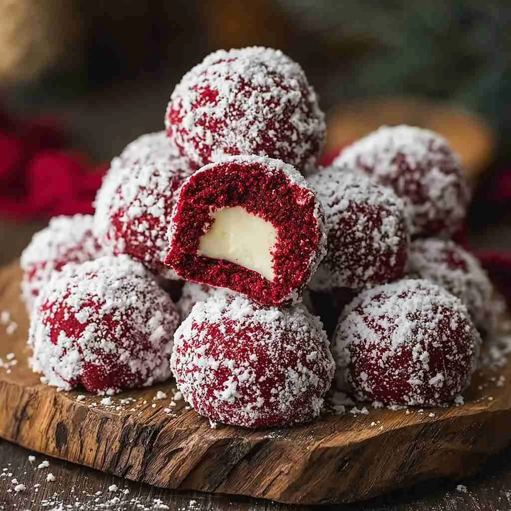Decadent Red Velvet Snowball Cookies with White Chocolate Filling