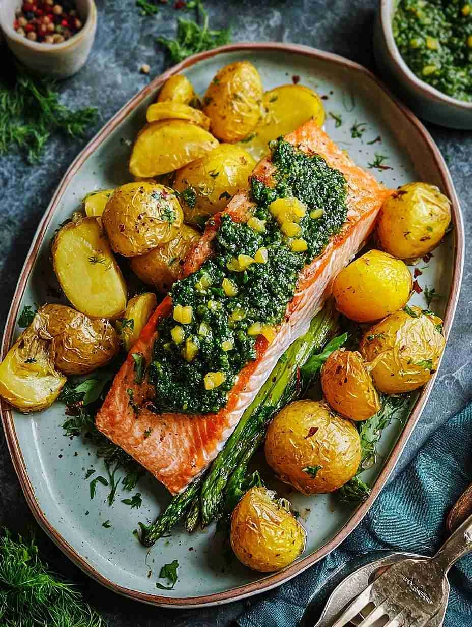 Savory Salmon with Crispy Potatoes and Zesty Zhoug Delight