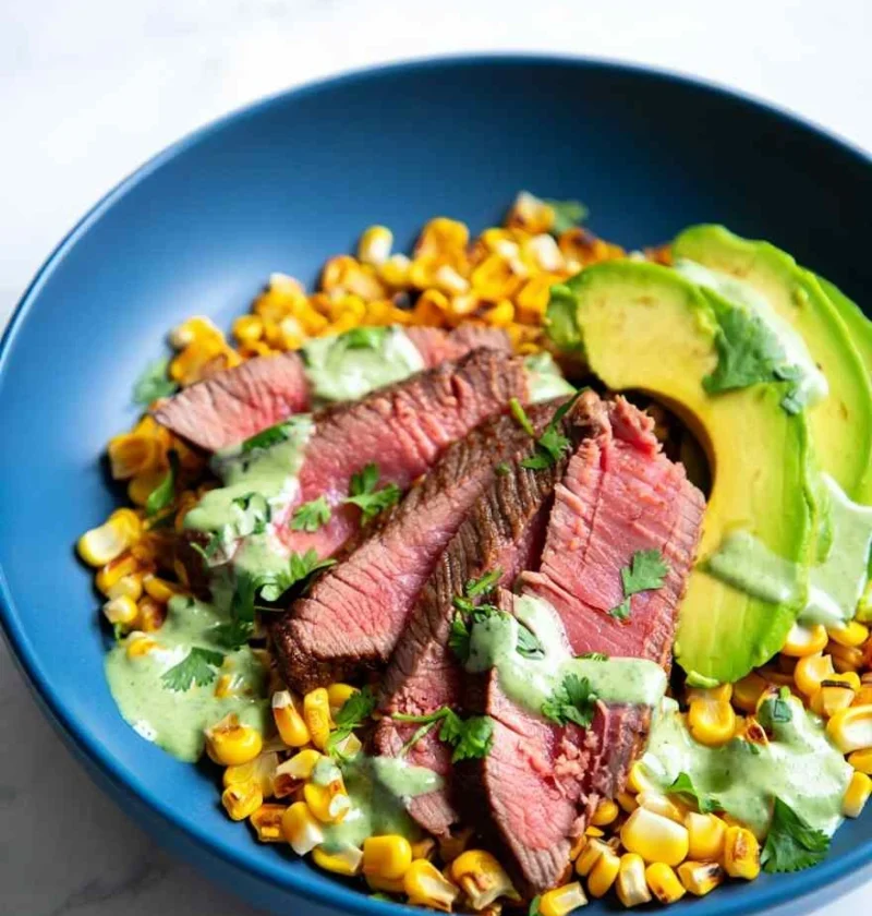 Steak Avocado Corn Bowl Recipe Cilantro Cream Sauce Preparation Low Carb Steak Avocado Bowl Gluten-free Roasted Corn Steak...