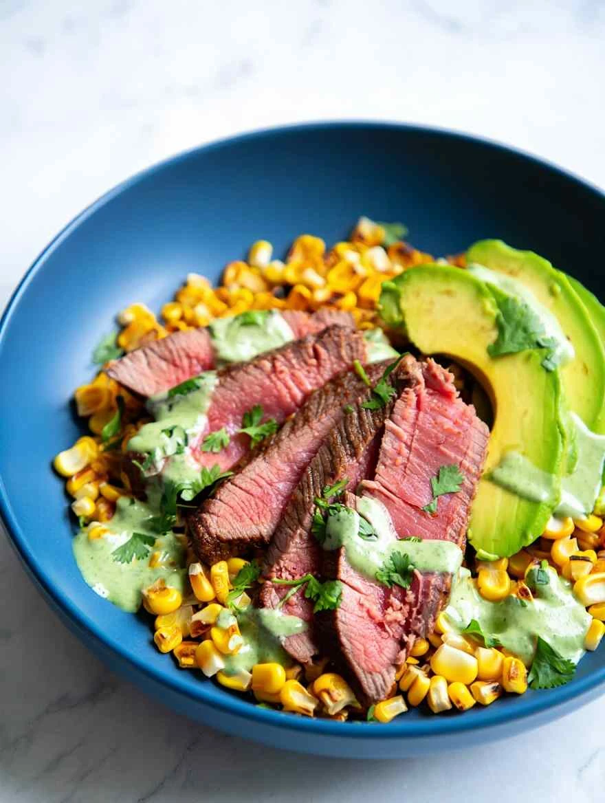 Steak Avocado Roasted Corn Bowl with Cilantro Cream Sauce