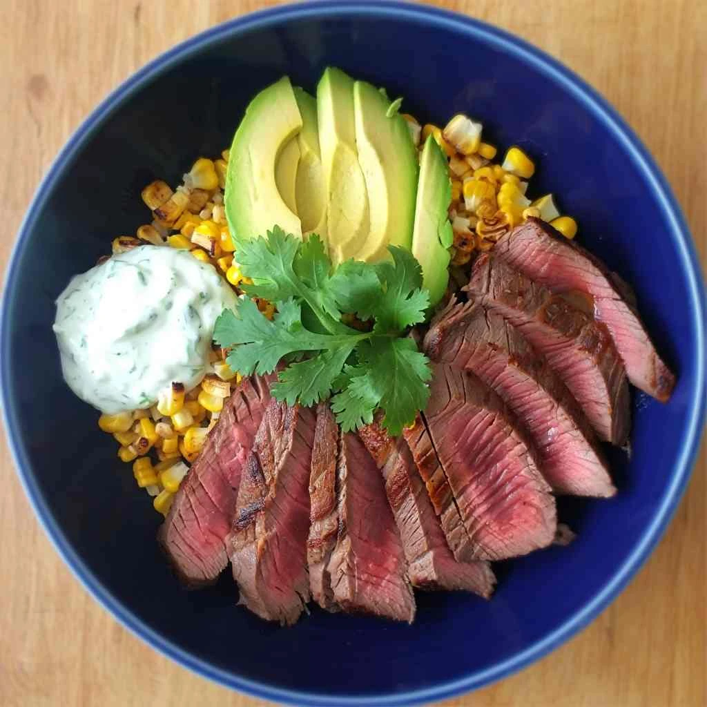 Steak Avocado Corn Bowl Recipe Cilantro Cream Sauce Preparation Low Carb Steak Avocado Bowl Gluten-free Roasted Corn Steak...