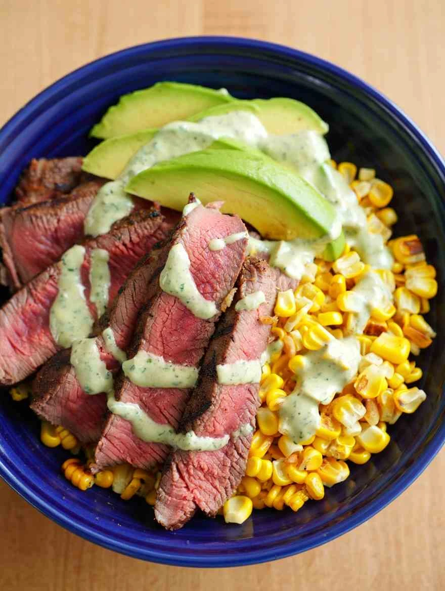 Steak Avocado Corn Bowl Recipe Cilantro Cream Sauce Preparation Low Carb Steak Avocado Bowl Gluten-free Roasted Corn Steak...