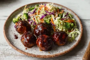 Sticky BBQ Chicken Meatballs with Broccoli Slaw for Dinner Bliss