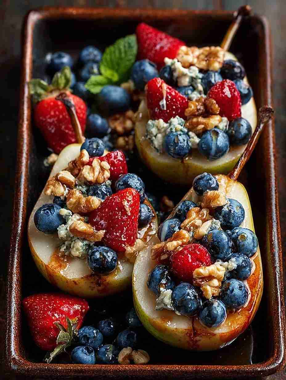 Baked Pears with Berries, Honey, Walnuts and Blue Cheese