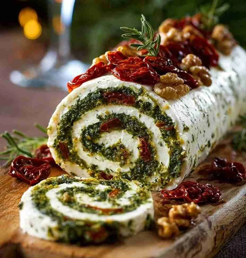 Cheese Log With Pesto Recipe Homemade Pesto Cheese Log Sun-dried Tomatoes Cheese Appetizer Easy Cheese Log With Pesto Gour...