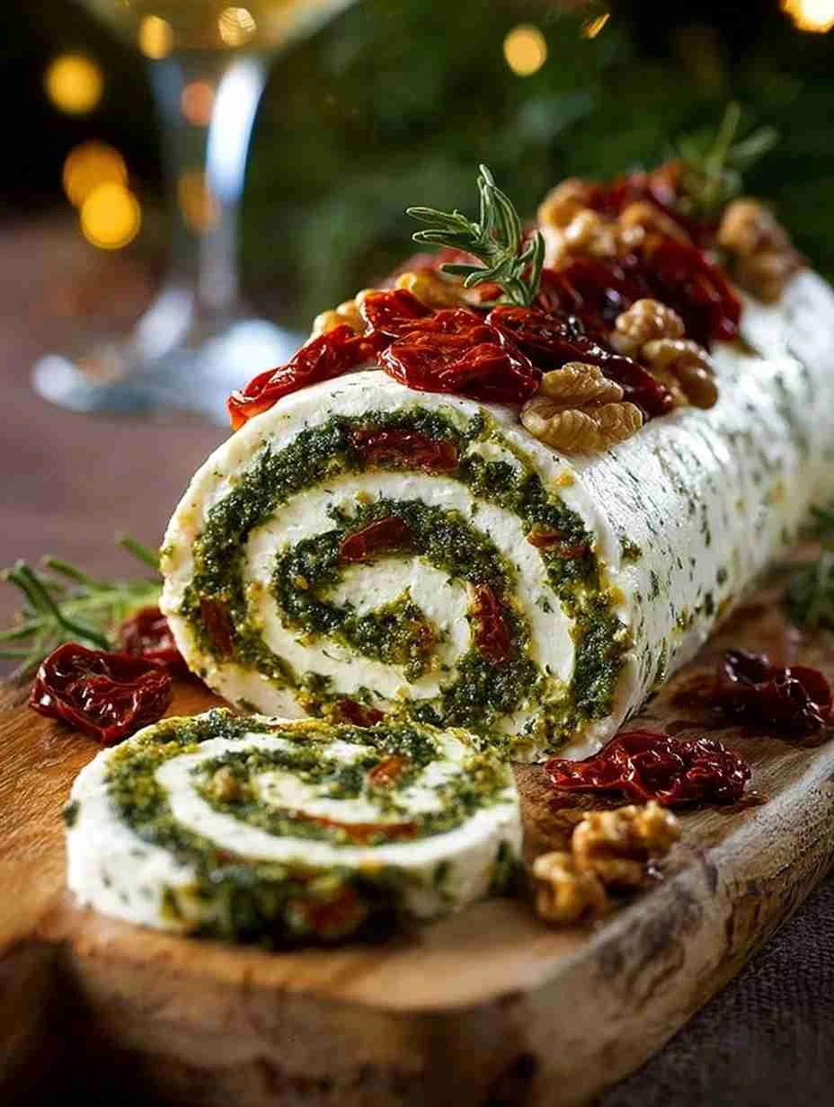 Cheese Log with Pesto and Sun-dried Tomatoes