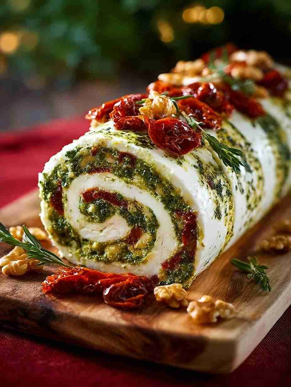 Cheese Log With Pesto Recipe Homemade Pesto Cheese Log Sun-dried Tomatoes Cheese Appetizer Easy Cheese Log With Pesto Gour...