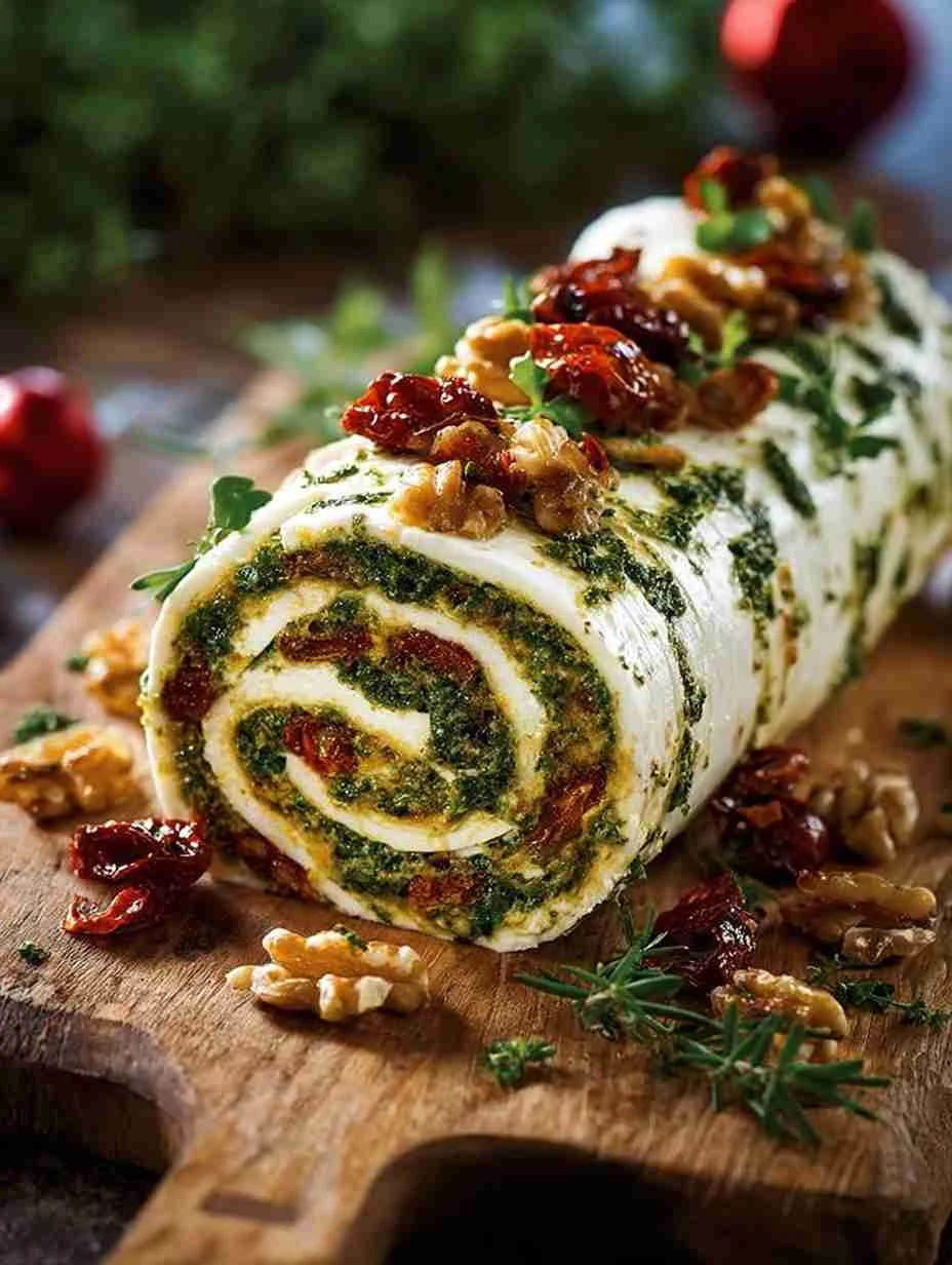 Cheese Log With Pesto Recipe Homemade Pesto Cheese Log Sun-dried Tomatoes Cheese Appetizer Easy Cheese Log With Pesto Gour...