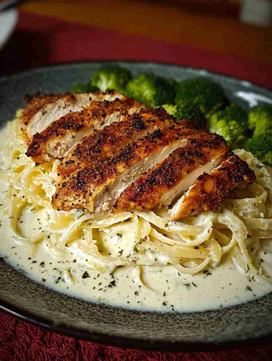 Chicken alfredo with angel hair pasta and broccoli delights!
