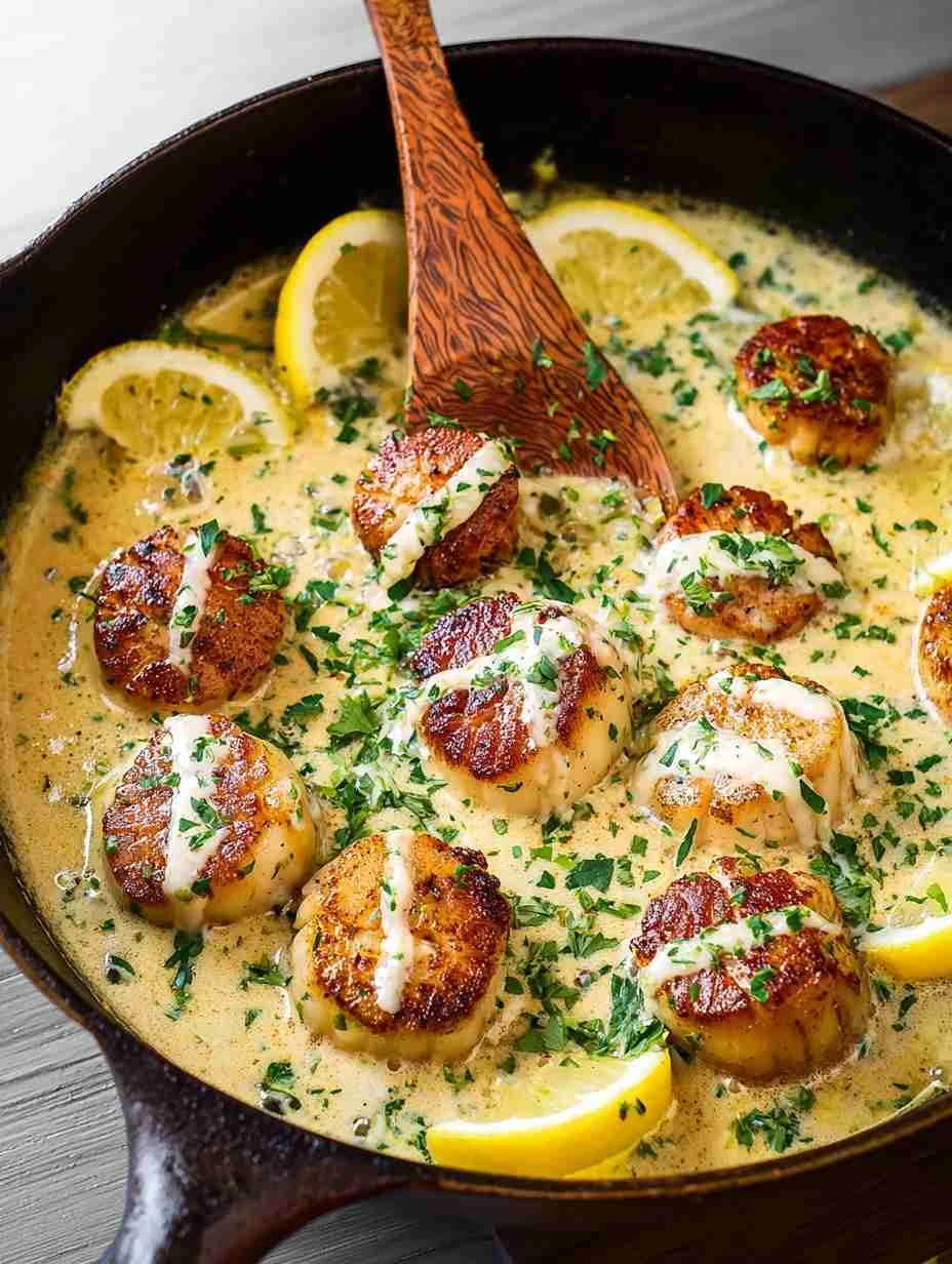 Creamy Lemon Garlic Pan Seared Scallops