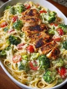 Mediterranean Blackened Chicken Alfredo Pasta with Broccoli and Cherry Tomatoes