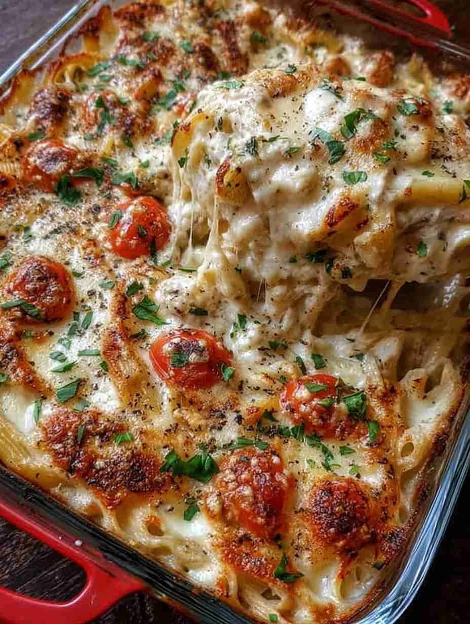 Mediterranean Cheesy Baked Chicken Alfredo Pasta