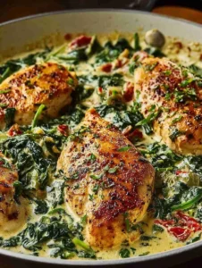Mediterranean Creamy Spinach Chicken Skillet