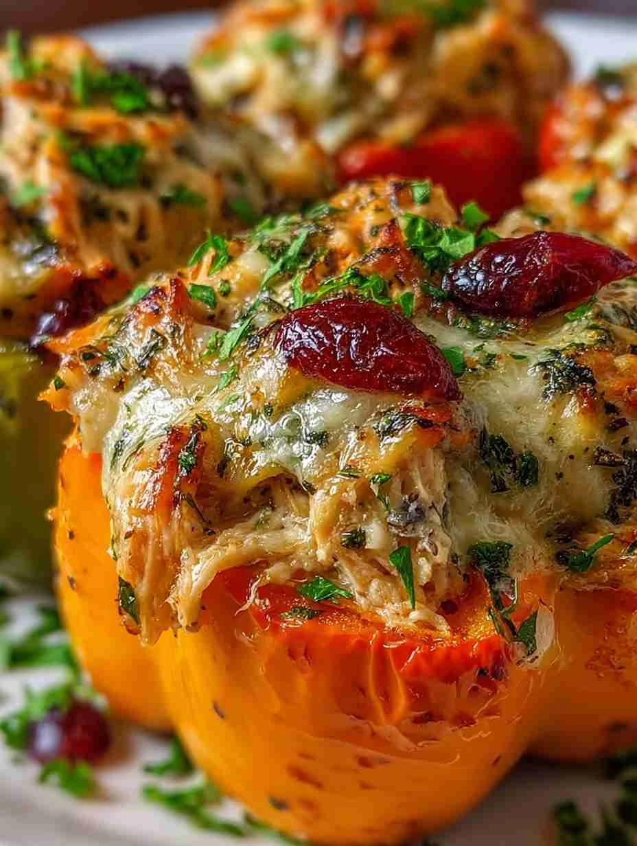 Mediterranean Creamy Cottage Cheese Cranberry Chicken Stuffed Peppers