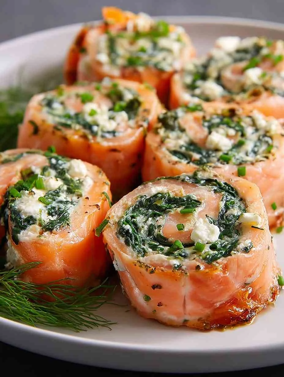 Mediterranean Spinach and Feta Stuffed Salmon Pinwheels