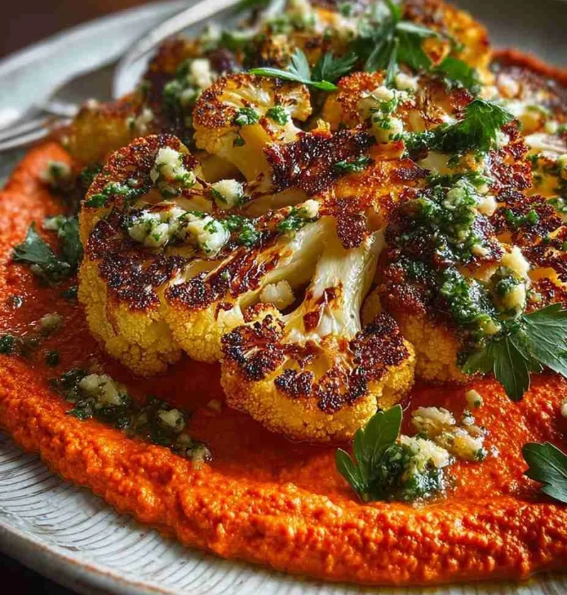 Roasted Cauliflower Steak Recipe Best Cauliflower Steaks With Red Pepper Chimichurri Sauce For Cauliflower Gourmet Caulifl...