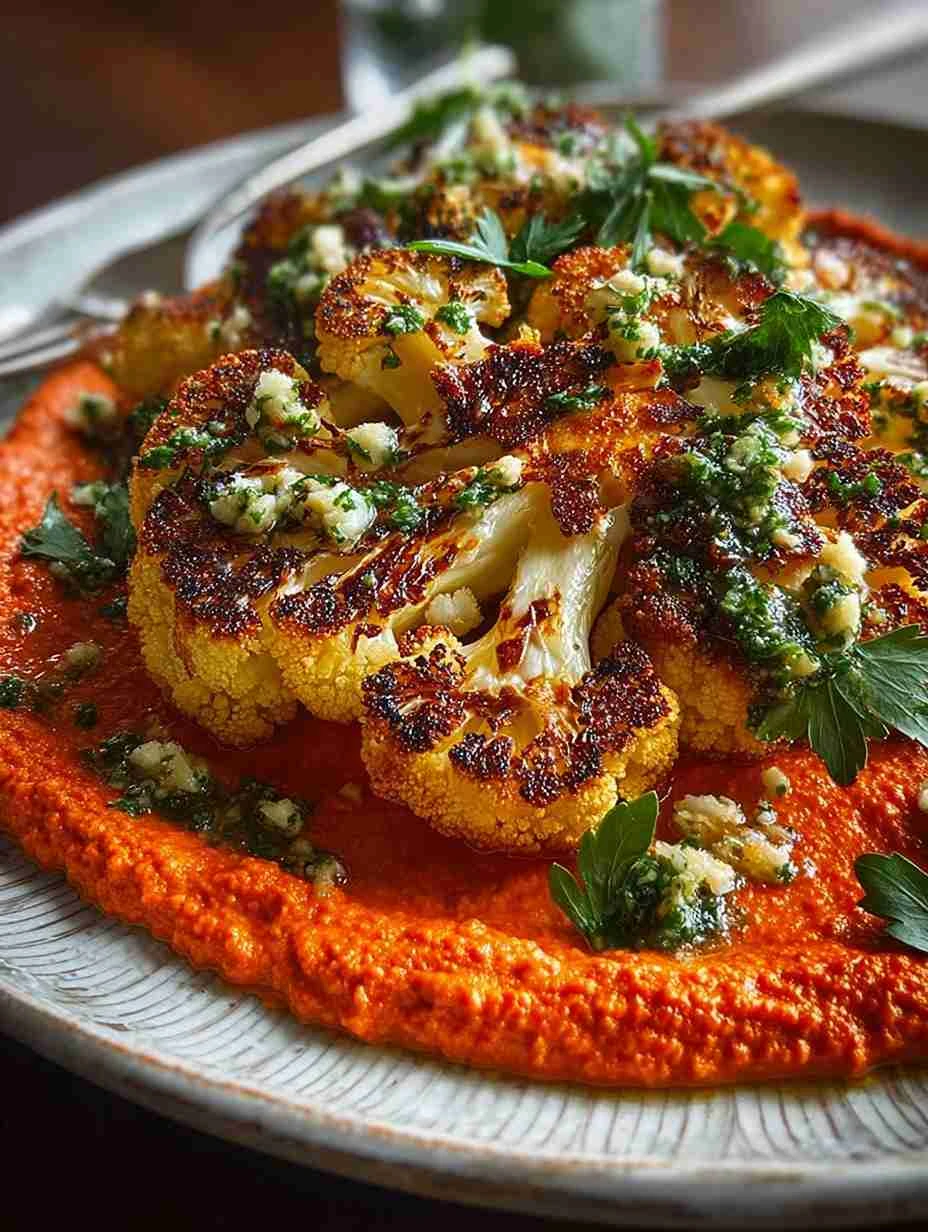 Roasted Cauliflower Steaks with Red Pepper and Chimichurri Flair