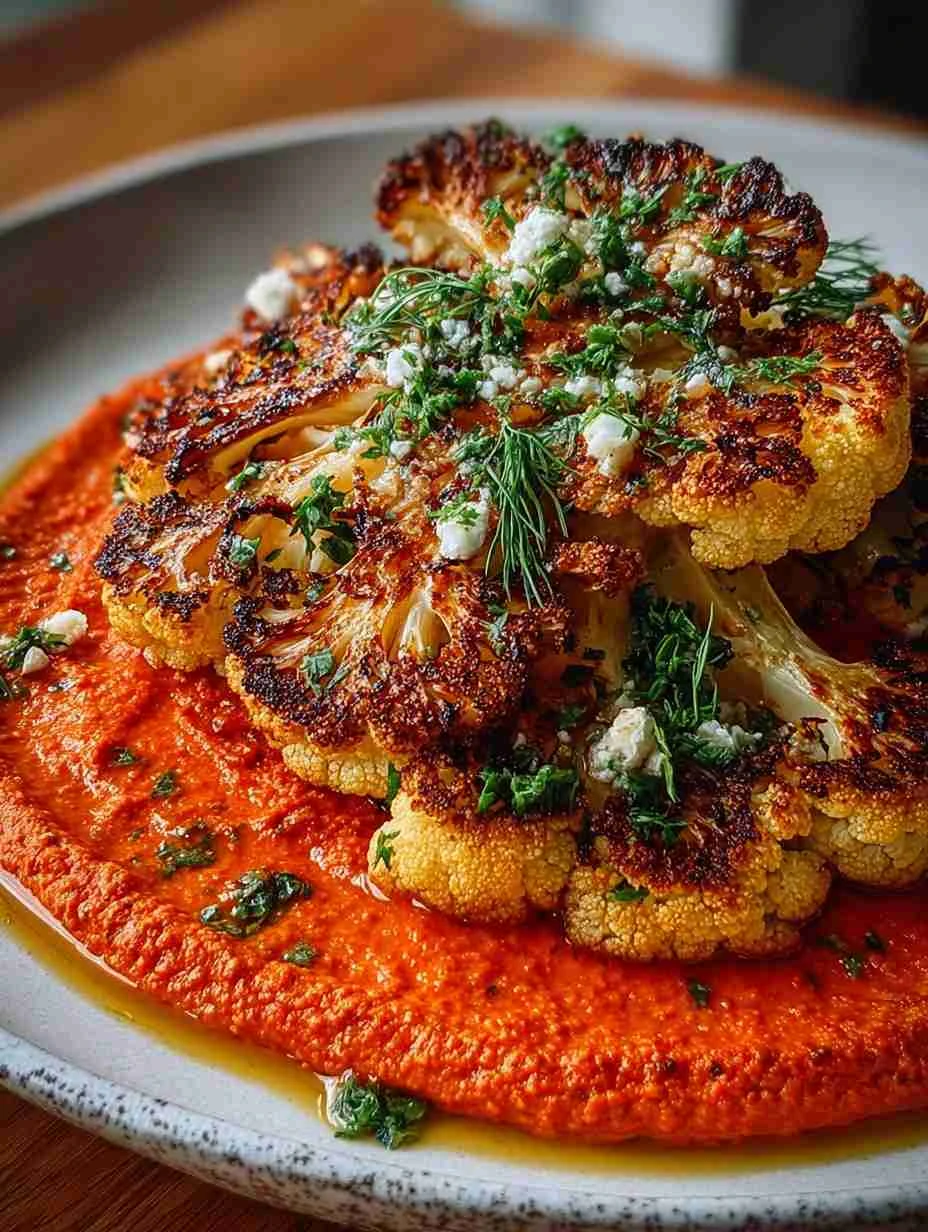 Roasted Cauliflower Steak Recipe Best Cauliflower Steaks With Red Pepper Chimichurri Sauce For Cauliflower Gourmet Caulifl...