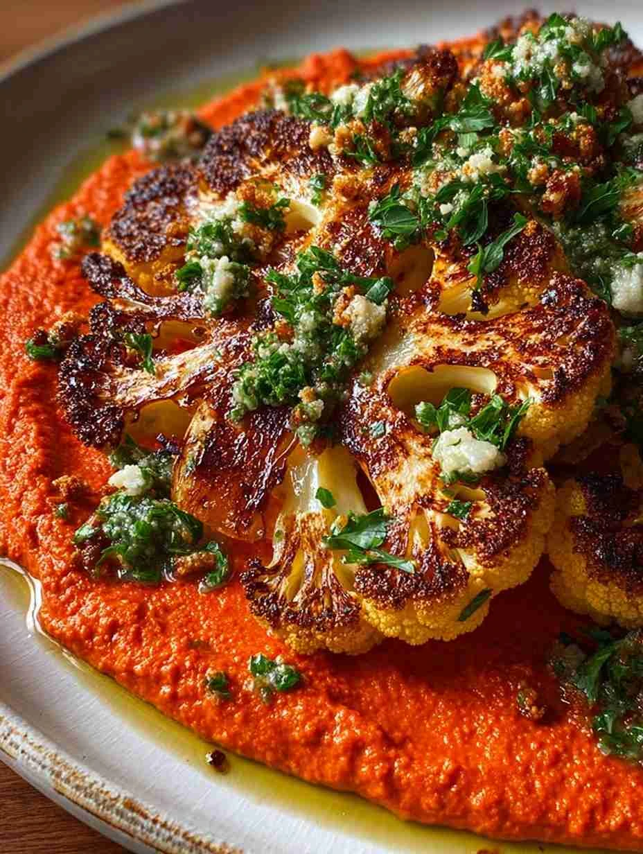 Roasted Cauliflower Steak Recipe Best Cauliflower Steaks With Red Pepper Chimichurri Sauce For Cauliflower Gourmet Caulifl...