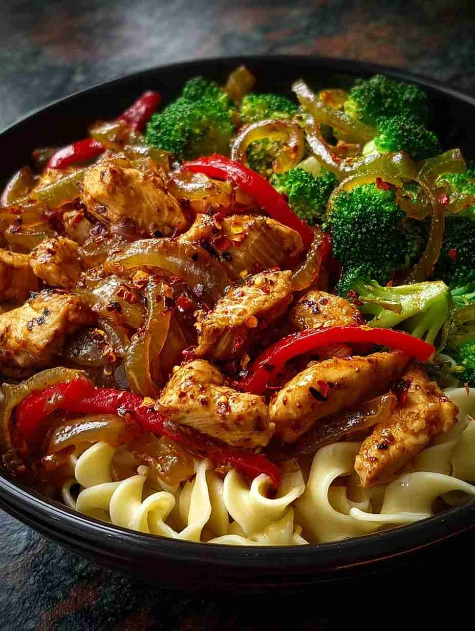 Spicy Chicken Pepper Stir-Fry over Egg Noodles with Broccoli