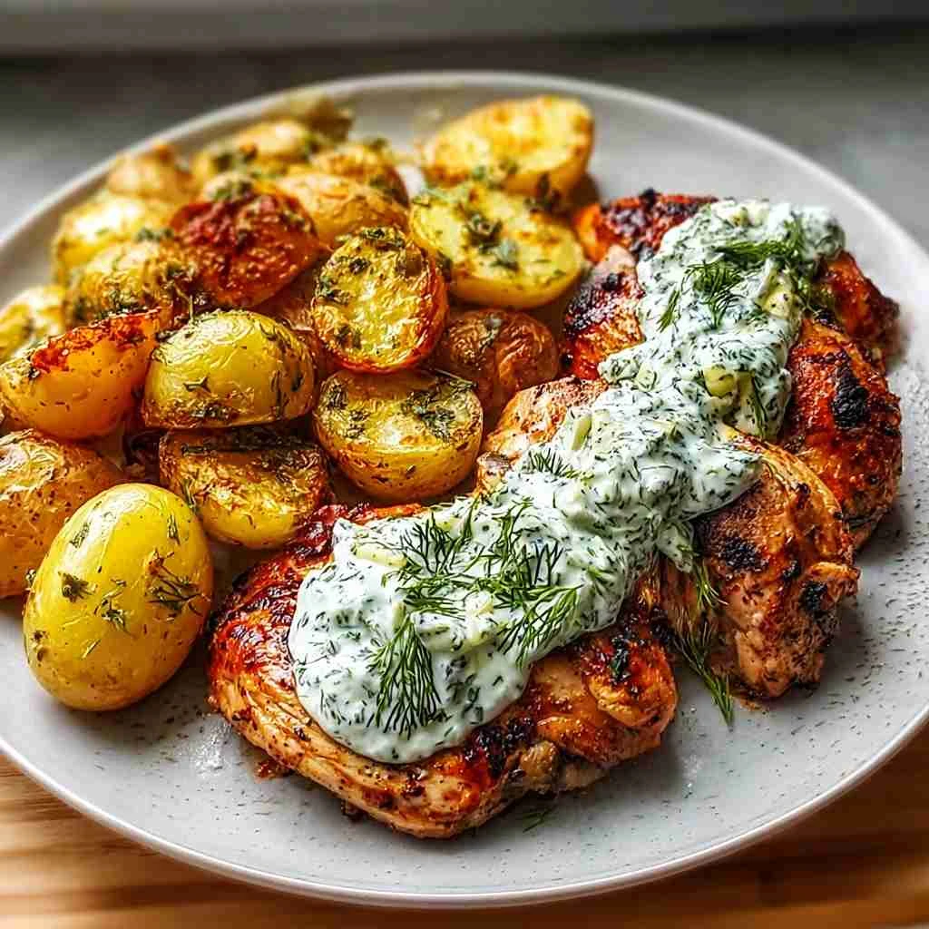 Spicy Yogurt Marinated Chicken With Dill Feta Cream & Crispy Potatoes Spicy Yogurt Marinated Chicken Dill Feta Cream