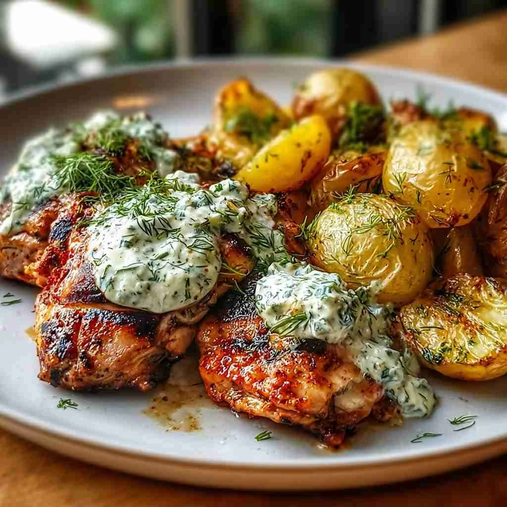 Spicy Yogurt Marinated Chicken With Dill Feta Cream & Crispy Potatoes Spicy Yogurt Marinated Chicken Dill Feta Cream