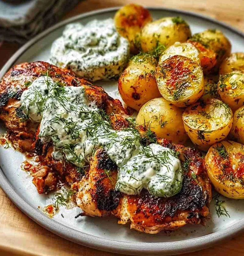 Spicy Yogurt Marinated Chicken With Dill Feta Cream & Crispy Potatoes Spicy Yogurt Marinated Chicken Dill Feta Cream