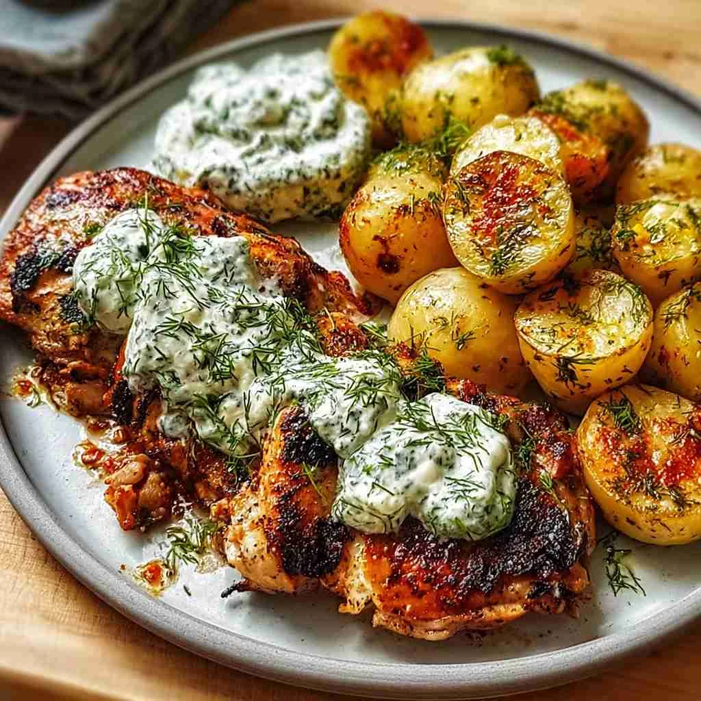 Spicy Yogurt Marinated Chicken with Dill Feta Cream & Crispy Potatoes