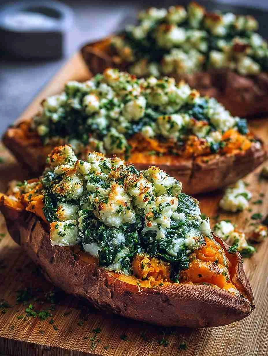 Spinach and Ricotta Stuffed Sweet Potatoes with Herb Drizzle